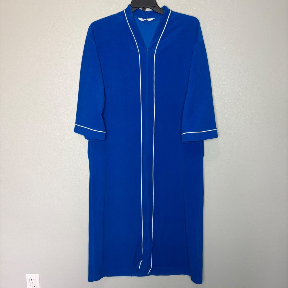 Vanity Fair Vintage Royal Blue Zip Front Robe White Piping Made in USA Large